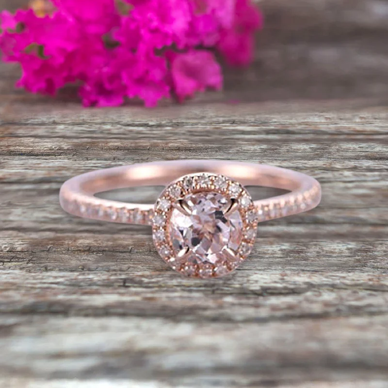 diamond wedding rings -Round Cut Gem Stone Pink Morganite Engagement Ring On10k Rose Gold Wedding Ring Art Deco Personalized for Brides