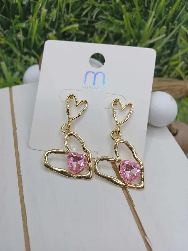 luxury earrings for women -Distressed Gold Heart Earrings - Pink