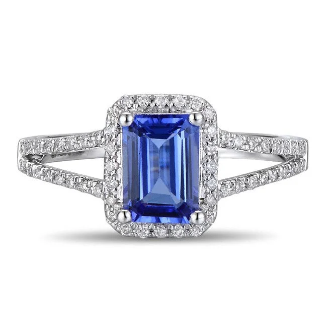 yellow gold engagement rings -1.50 Carat Blue Sapphire and Moissanite Diamond Halo Engagement Ring for Women in Gold