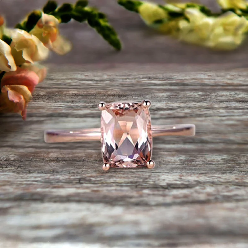 wedding bands and engagement rings for women -10K Rose Gold Cushion Cut Pink Morganite Engagement Ring Solitaire Promise Ring Anniversary Gift Personalized for Brides