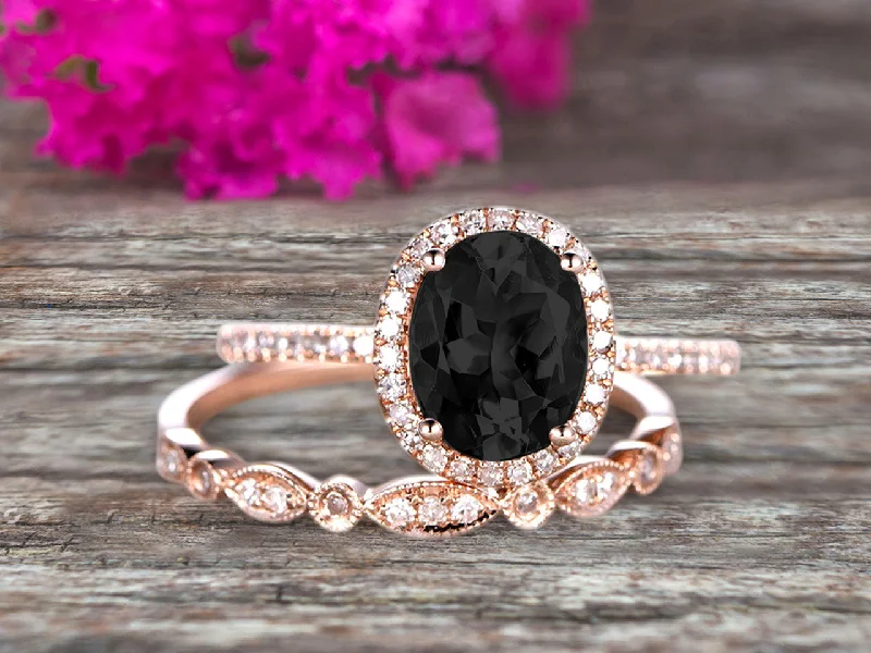 engagement rings with sapphires -1.75 Carat Black Diamond Moissanite Wedding Set Engagement Ring Oval Shaped Art Deco Bridal Ring On 10k  Rose Gold