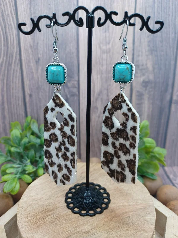 mixed gemstone earrings for women -Brown Faux Fur Cow Print Earrings w/ Turquoise Embellishment