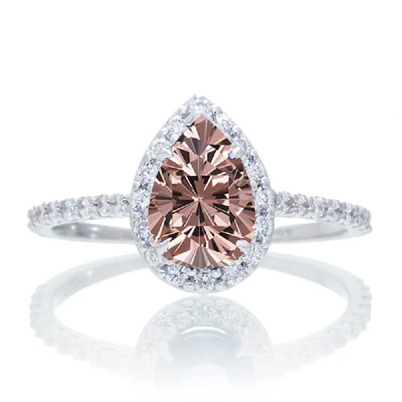 stackable engagement rings -1.5 Carat Classic Pear Cut Morganite And Diamond Moissanite Engagement Ring on 10k White Gold