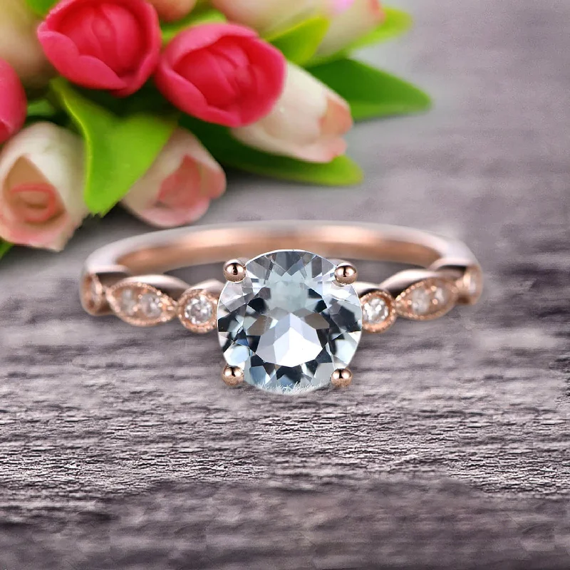 modern engagement rings for women -1.25 Carat Round Cut Aquamarine Engagement Ring On 10k Rose Gold Art Deco Antique