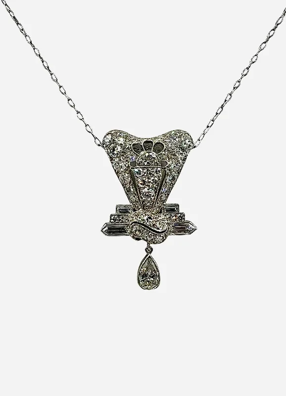 large statement necklaces for women -Art Deco Diamond Platinum Pendant Necklace Circa 1925