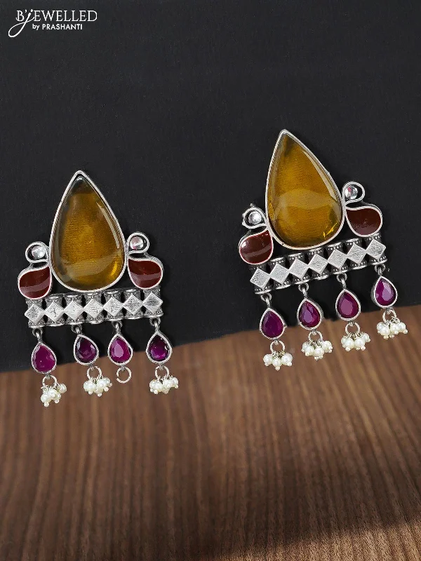 gold earrings for women -Oxidised rust shade and maroon stone earring with pearl hangings