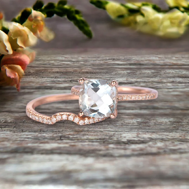 gemstone and diamond engagement rings -2Pcs Wedding Ring Set Cushion Cut 1.75 Carat Aquamarine Engagement ring On 10k Rose gold Curved Wedding Band Personalized for Brides