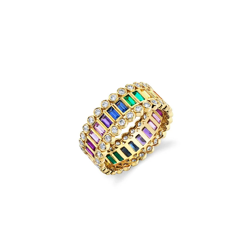 vintage rings for women -Gold & Rainbow Baguette & Round Bezel Stacked Eternity Ring