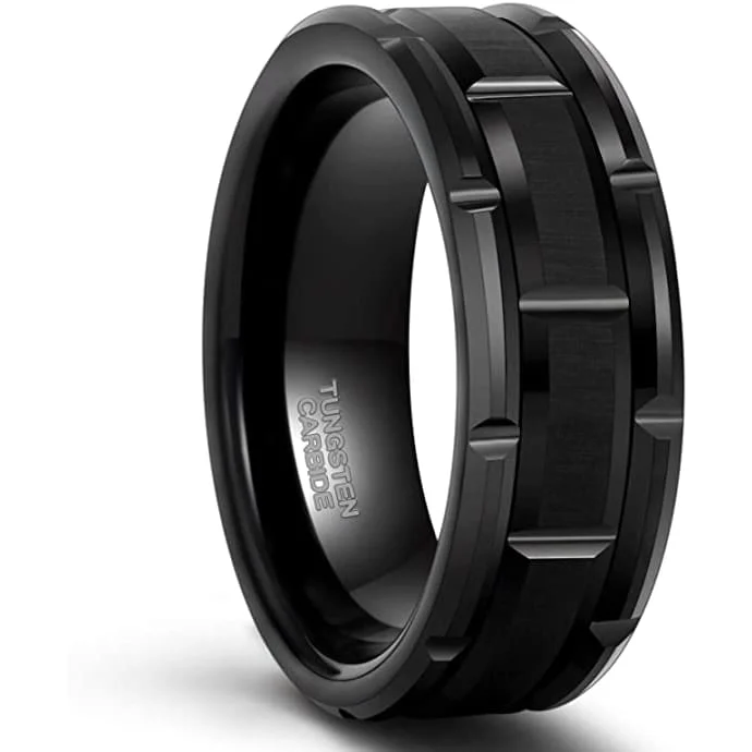 engagement rings with black diamonds -DENVER Mens Tungsten Black Brick Pattern Brushed Finish Engagement Ring 8mm