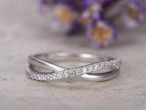 personalized engagement rings -Moissanite Diamond Wedding Bands women half Eternity solid 10k white gold Engagement Ring stacking matching band loop curved