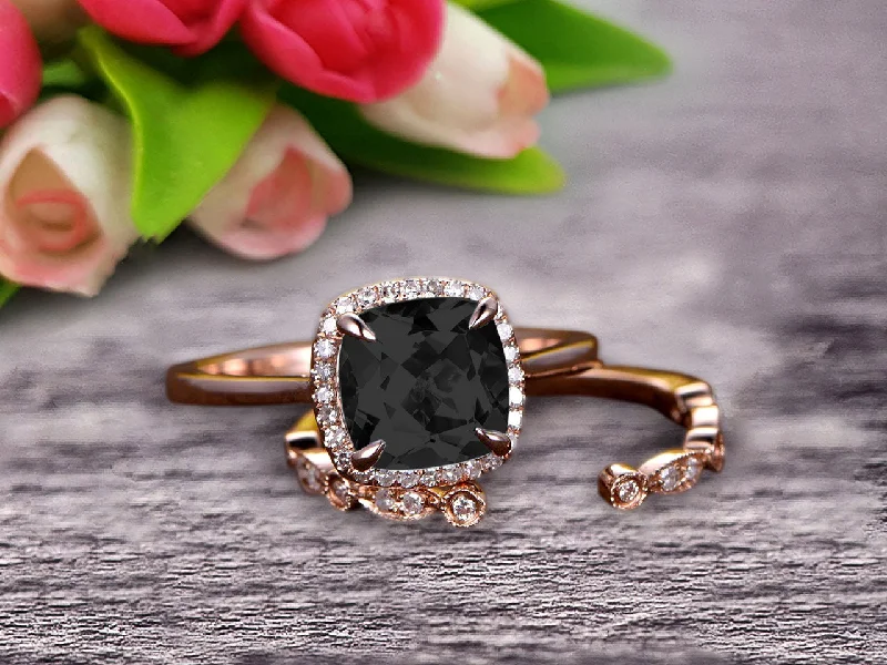 silver diamond engagement rings -10k Rose Gold Anniversary Gift Art Deco 1.50 Carat Cushion Cut Black Diamond Moissanite Wedding Engagement Ring With Matching Band Bridal Set