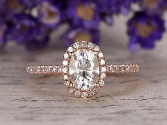 anniversary engagement rings -Classic Oval Cut 1.50 Ct Moissanite Diamond Halo Wedding Engagement Ring in 10k Rose Gold