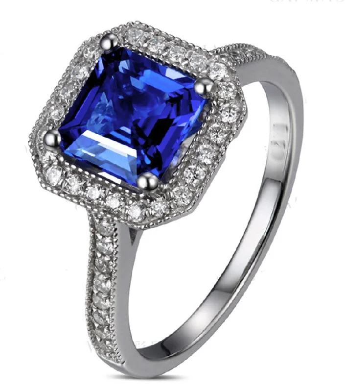 stunning engagement rings for women -Antique 1 Carat princess cut Sapphire and Moissanite Diamond Engagement Ring in White Gold