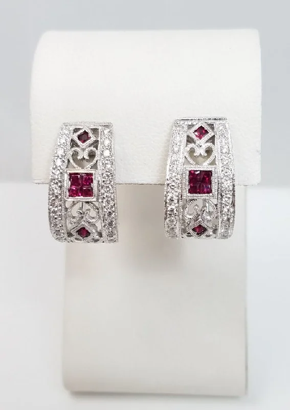 diamond heart necklaces for women -Elegant 14k White Gold Ruby Diamond Huggie Earrings