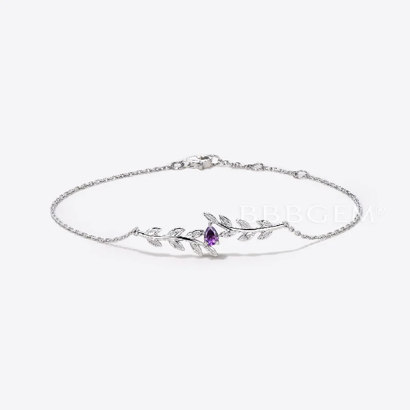 women’s sterling silver bracelets -Nature inspired Pear Shaped Amethyst Bracelet White Gold Twig Leaf Bracelet