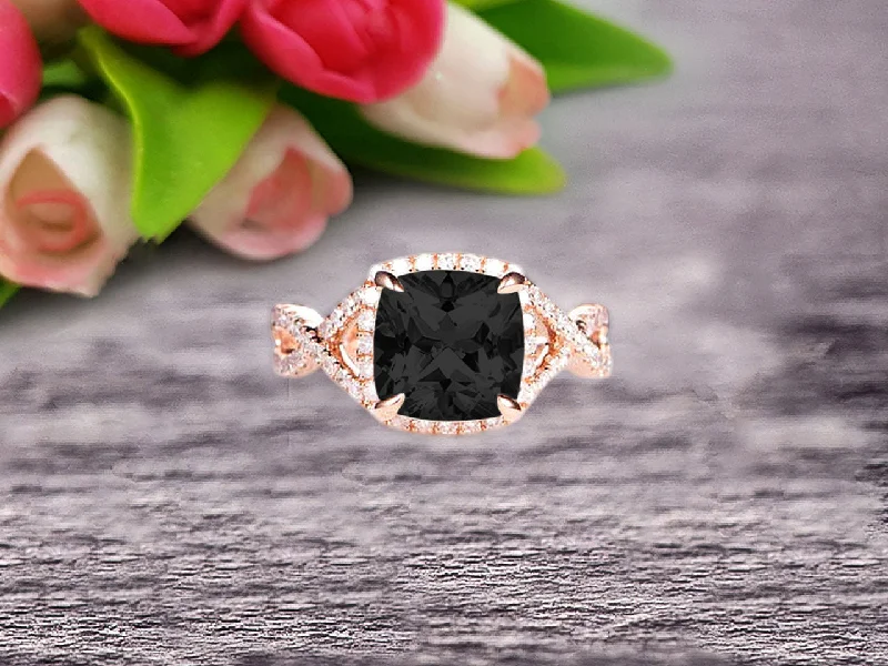 pear cut engagement rings for women -Staggering Looking Cushion Cut Black Diamond Moissanite Engagement Ring 10k Rose Gold Halo Wedding Ring Anniversary Promise Surprisingly Ring