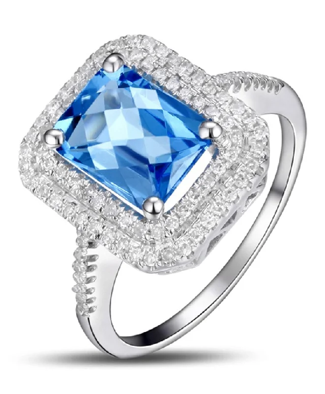 engagement rings for non-traditional brides -Designer 2 Carat emerald cut Sapphire and Moissanite Diamond Double Halo Engagement Ring for Women