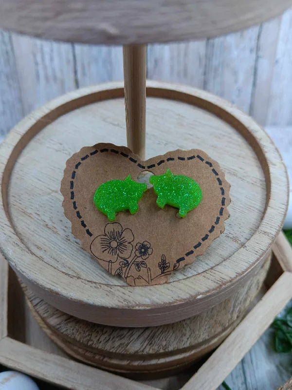 handmade earrings for women -Green Glitter Pig Earrings