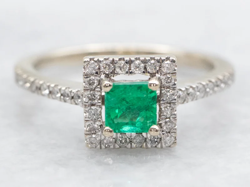 women’s contemporary engagement rings -Modern Square Emerald and Diamond Halo Engagement Ring