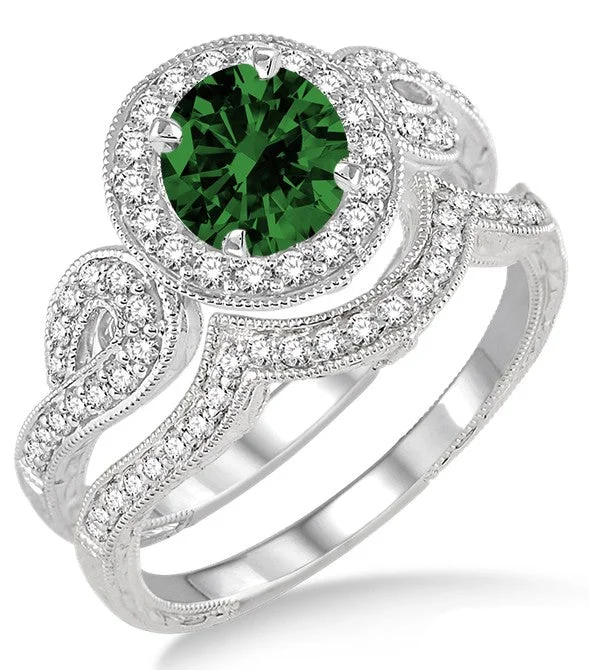 engagement rings for non-traditional brides -1.5 Carat Emerald Antique Halo Bridal Set Engagement Ring on 10k White Gold