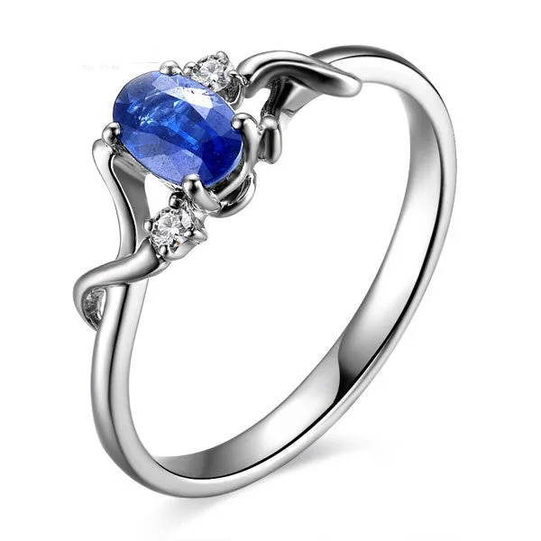 handcrafted engagement rings -Sapphire and Moissanite Diamond Engagement Ring on 10k White Gold