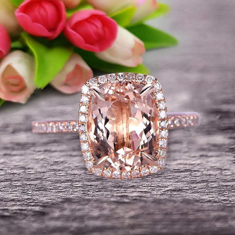 emerald and diamond engagement rings -1.50 Carat Big Morganite Engagement Ring Wedding Ring in 10k Rose Gold Halo Design Art Deco Personalized for Brides