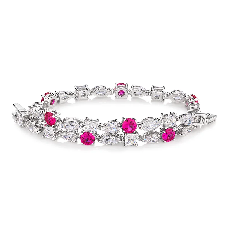 fashion bracelets for women -Pear, Marquise and Round Brilliant tennis bracelet with ruby simulants and 6.38 carats* in sterling silver