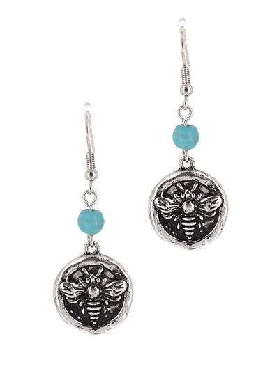 artistic gold earrings for women -Silver Bee Earring with Turquoise Bead Detail