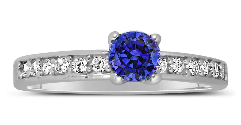 unique sapphire engagement rings -1 Carat Vintage Round cut Blue Sapphire and Moissanite Diamond Engagement Ring in White Gold