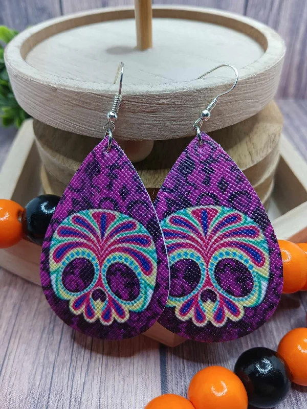 pearl earrings for women -Purple Patterned Halloween Day of the Dead Skeleton Earrings