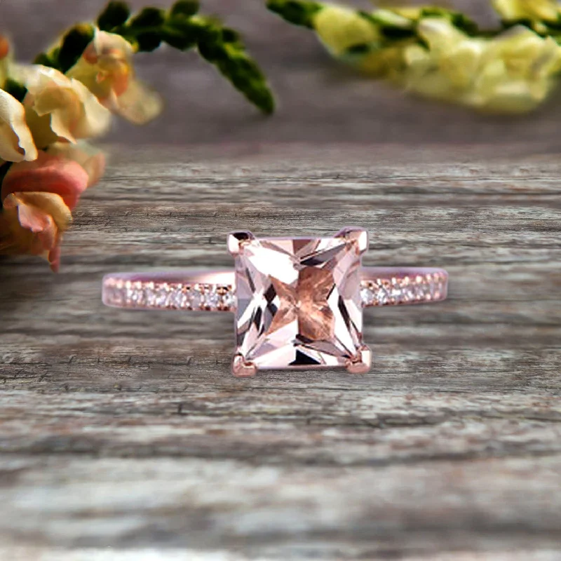 classic engagement rings for women -Princess Cut 1.25 Carat Morganite Engagement Ring Wedding Ring On 10k Rose Gold Anniversary Gift Art Deco Specialized for Brides