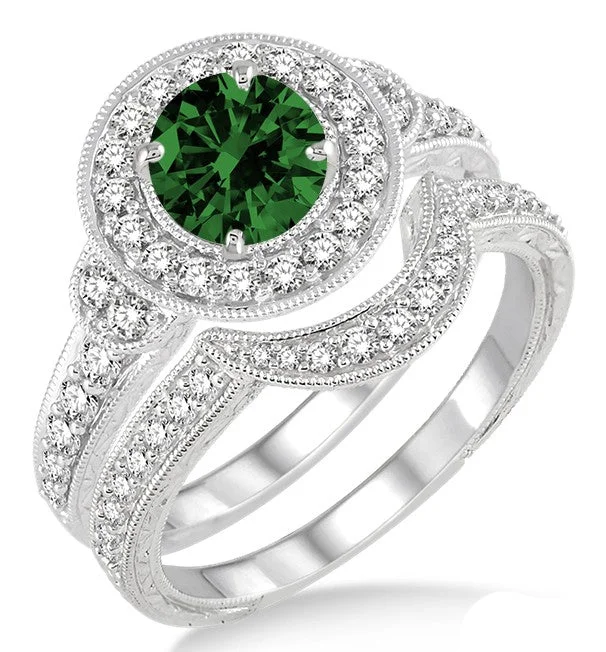 radiant cut engagement rings -1.5 ct Emerald Antique Halo Bridal Set Engagement Ring on 10k White Gold