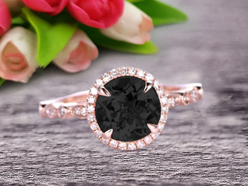 stackable engagement rings -1.50 Carat Round Cut Black Diamond Moissanite Ring Engagement Ring Promise Ring Anniversary Ring 10k Rose Gold Gemstone Art Deco