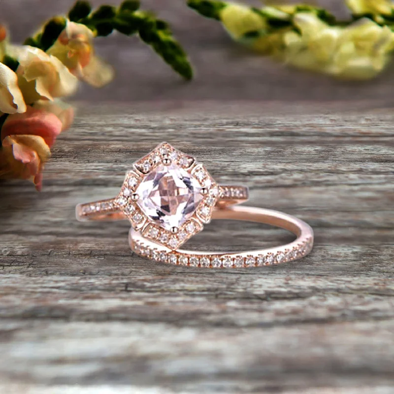 engagement rings with rubies -1.75 Carat Cushion Cut Morganite Wedding Set Bridal Engagement Ring On 10k Rose Gold Vintage Art Deco Antique Flower Halo Design