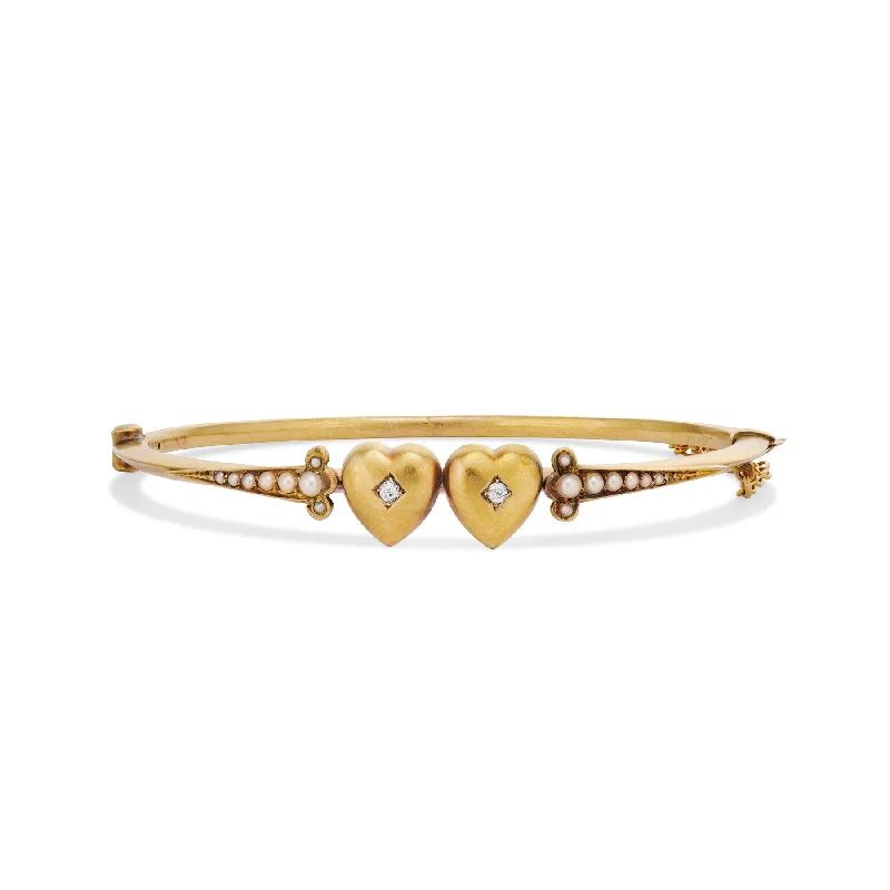 gold charm bracelets for women -Victorian Twin Heart Bangle