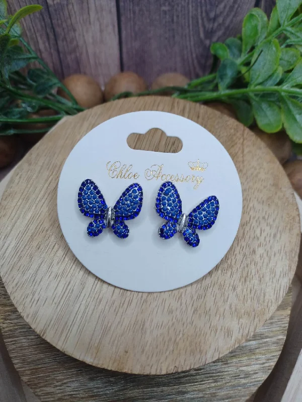 artistic gold earrings for women -Blue Rhinestone Butterfly Earrings