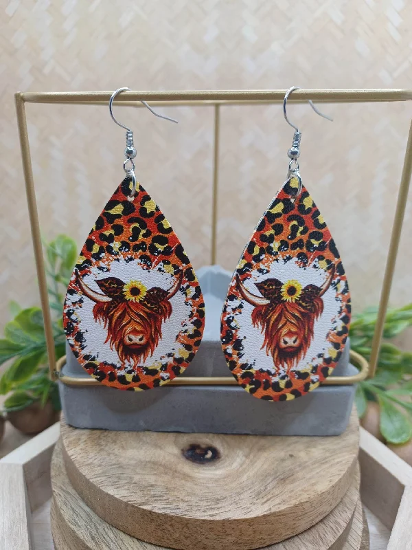 statement earrings for women -Leopard Cow Earrings w/ Sunflowers