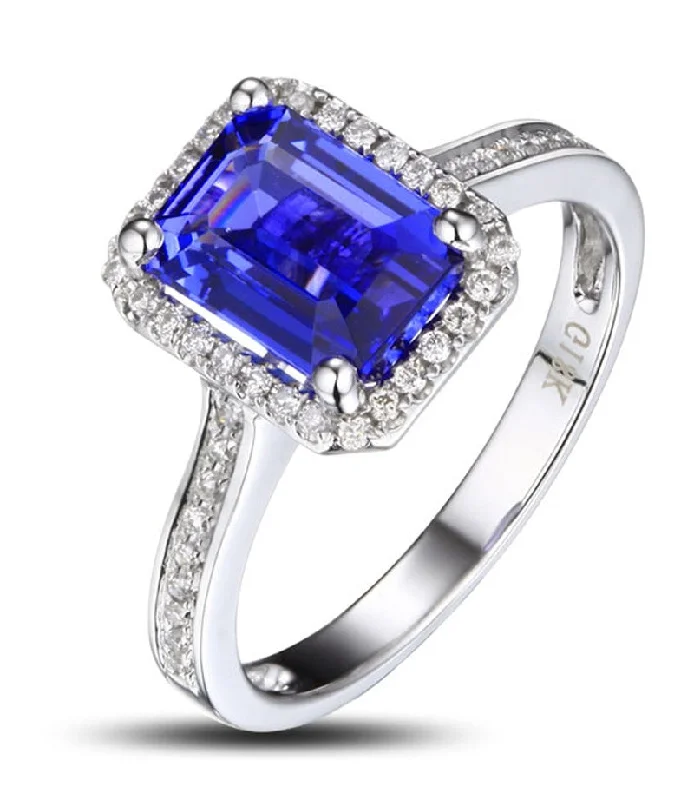 elegant engagement rings -Antique 1.50 Carat emerald cut Blue Sapphire and Moissanite Diamond Halo Engagement Ring in White Gold