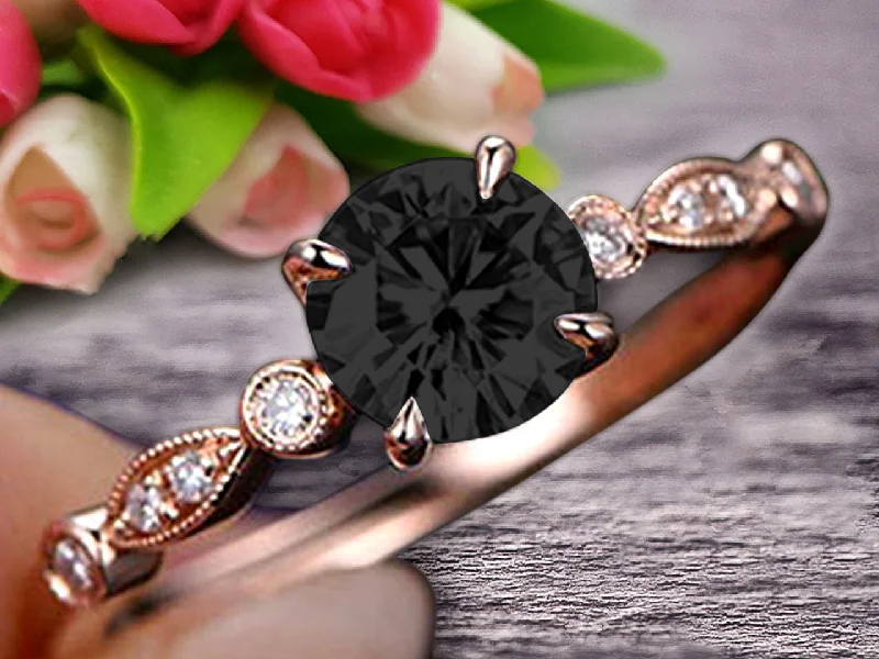 engagement rings with sapphires -Black Diamond Moissanite Engagement ring Classic Vintage Style 1.25 Carat Art Deco ring on 10k Rose Gold