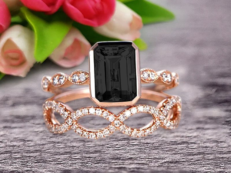 wedding ring sets for women -Glaring 1.50 Carat Black Diamond Moissanite Engagement Ring Solid 10k Rose Gold Promise Ring for bride loop curved Wedding Band Custom Made Sparkling Jewelry