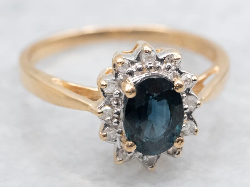 custom gold engagement rings -Classic Sapphire and Diamond Halo Engagement Ring