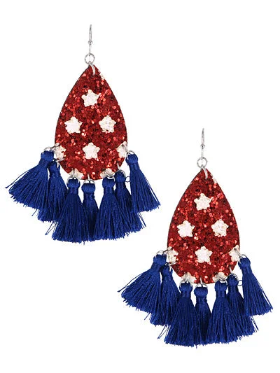 classic earrings for women -Red Glitter Earrings w/ White Stars & Blue Tassels