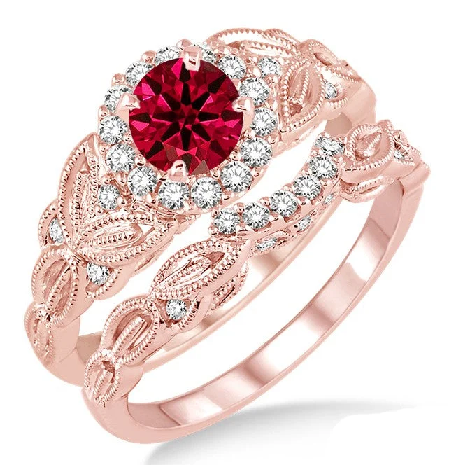 white gold engagement rings -1.25 Carat Ruby Vintage floral Bridal Set Engagement Ring on 10k Rose Gold