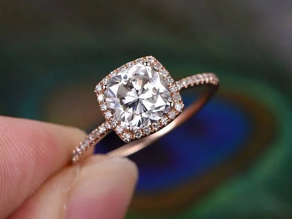 engagement rings with black diamonds -Antique Style Round Cut 1.50 Carat Moissanite Diamond Halo Engagement Ring in 10k Rose Gold