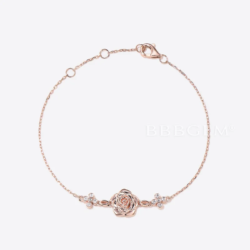 double bangle bracelets for women -18K Rose Gold Diamond Rose Bracelet Nature Inspired Floral Bracelet