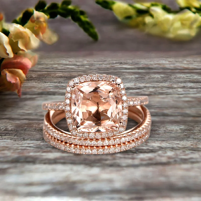 unique sapphire engagement rings -Trio Set 2 Carat Cushion Cut Morganite Wedding Set Engagement Ring Bridal Ring Anniversary Ring On 10k Rose Gold Halo Glaring Staggering