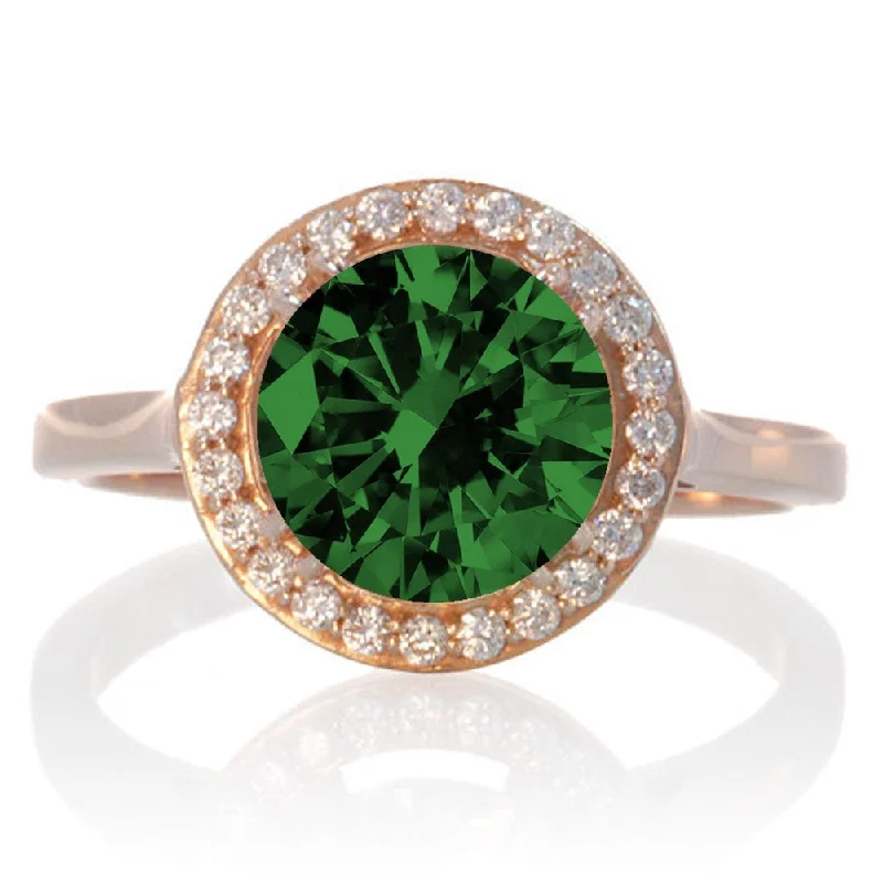 heart-shaped engagement rings -1.25 Carat Round Halo Classic Moissanite Diamond and Emerald Engagement Ring on 10 Rose Gold