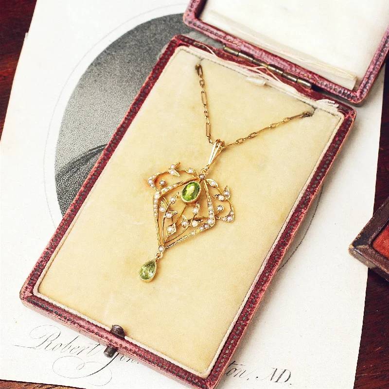 luxury pendant necklaces for women -Antique Art Nouveau 15ct Gold Peridot Lavalier Pendant