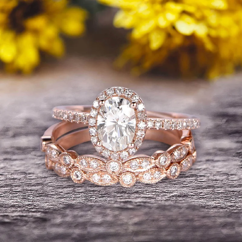 bridal set engagement rings -2.00 carat Classic Oval Moissanite Diamond wedding Bands And Bridal Set Engagement Ring Classic Art Deco 10k Rose Gold