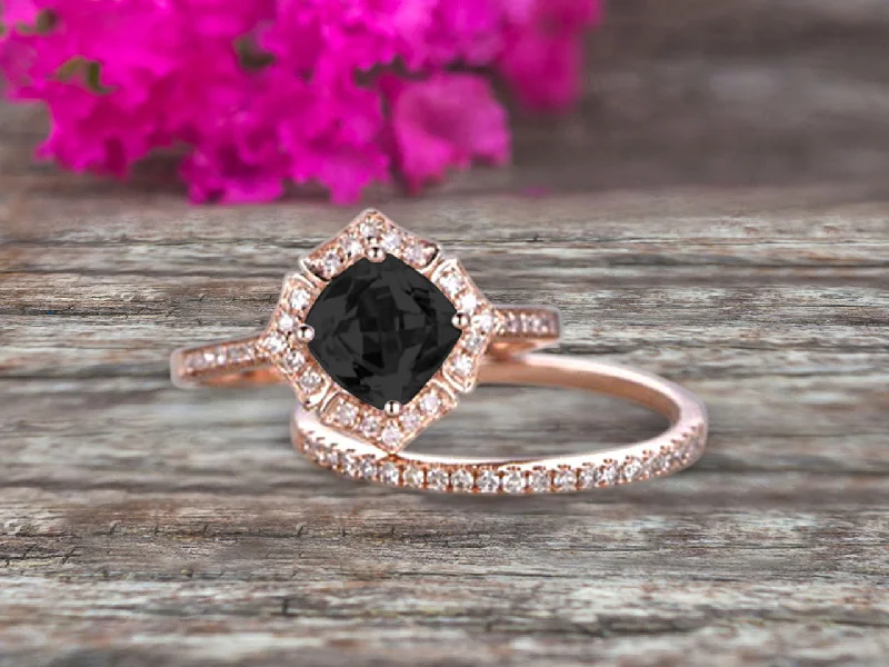 luxury gemstone engagement rings -1.75 Carat Cushion Cut Black Diamond Moissanite Wedding Set Bridal Engagement Ring On 10k Rose Gold Vintage Art Deco Antique Flower Halo Design